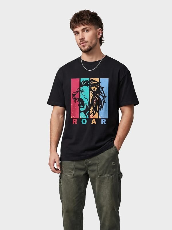 Roar Lion Round Neck T-Shirt - Black - front Roar Lion Round Neck T-Shirt in Black, front view