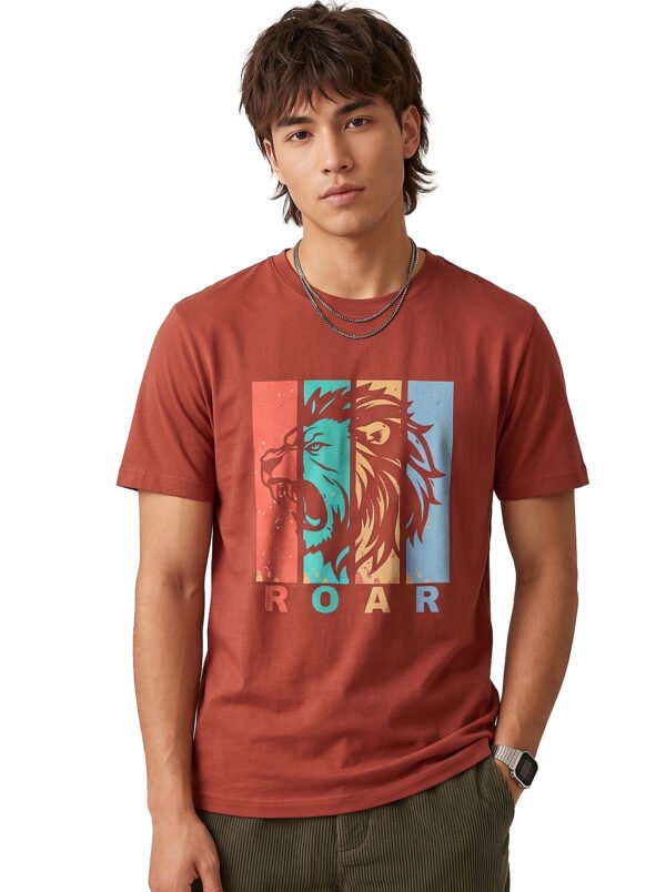 Roar Lion Round Neck T-Shirt in Brown, front view
