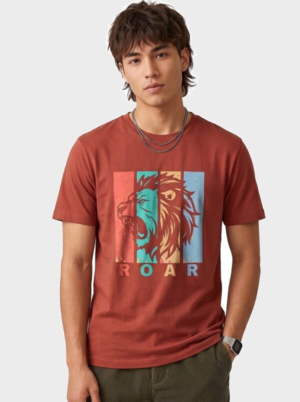 Roar Lion Round Neck T-Shirt - Brown - front Roar Lion Round Neck T-Shirt in Brown, front view