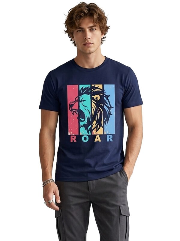 Roar Lion Round Neck T-Shirt in Navy Blue, front view