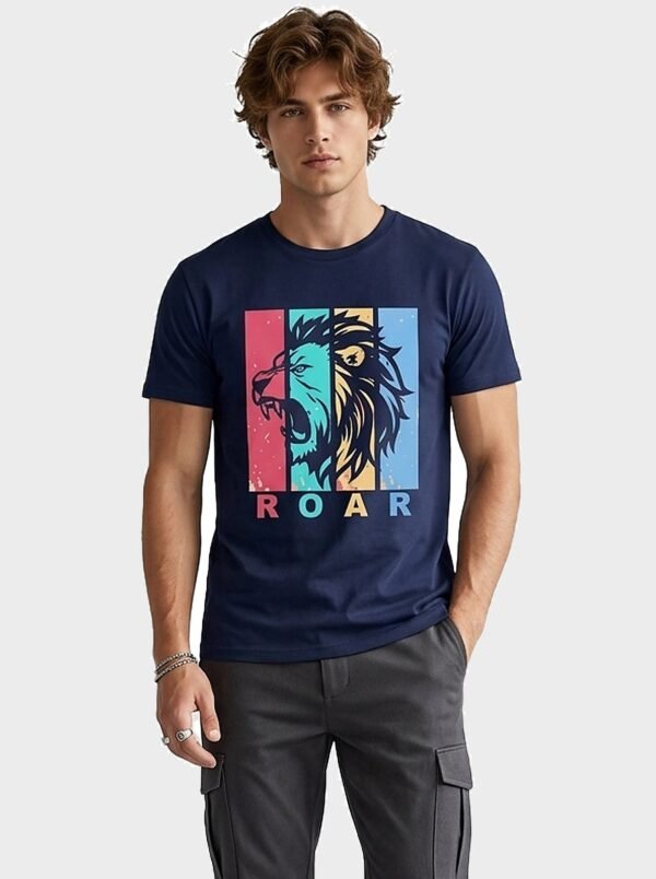 Roar Lion Round Neck T-Shirt - Navy Blue - front Roar Lion Round Neck T-Shirt in Navy Blue, front view