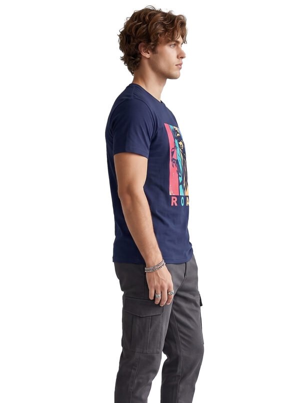 Roar Lion Round Neck T-Shirt in Navy Blue, side view