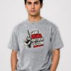 Same Drama Different Season round neck t-shirt in Grey Melange – front view with the raised-finger chest print
