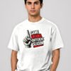 Same Drama Different Season round neck t-shirt in White – front view with the raised-finger chest print