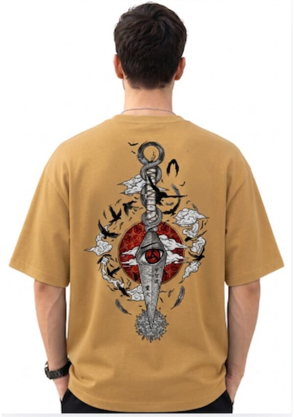 Mustard Sharingan kunai and crows anime oversized t-shirt, full back print