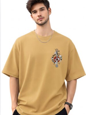 Mustard Sharingan kunai and crows anime oversized t-shirt, front view with small chest print