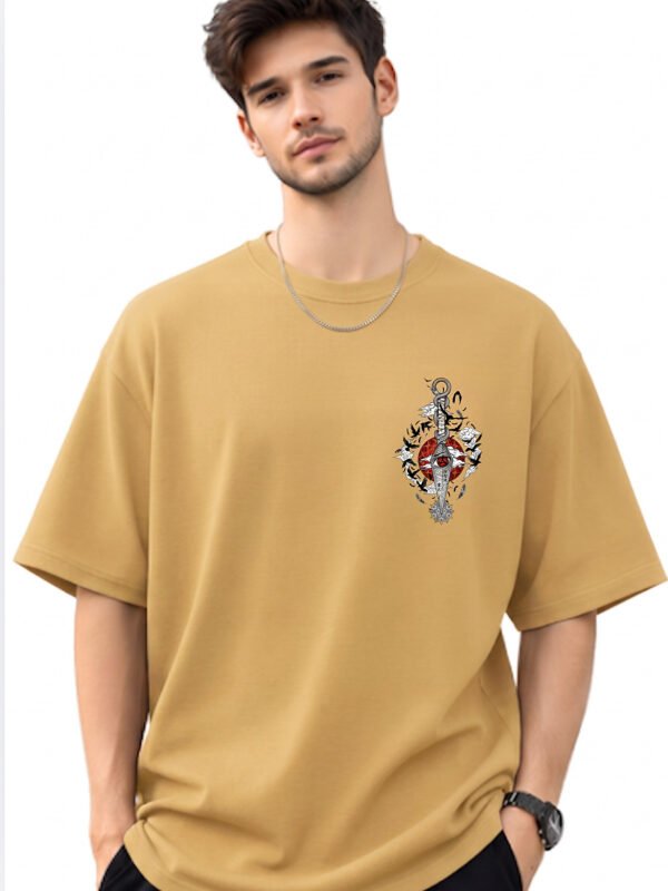 Mustard Sharingan kunai and crows anime oversized t-shirt, front view with small chest print