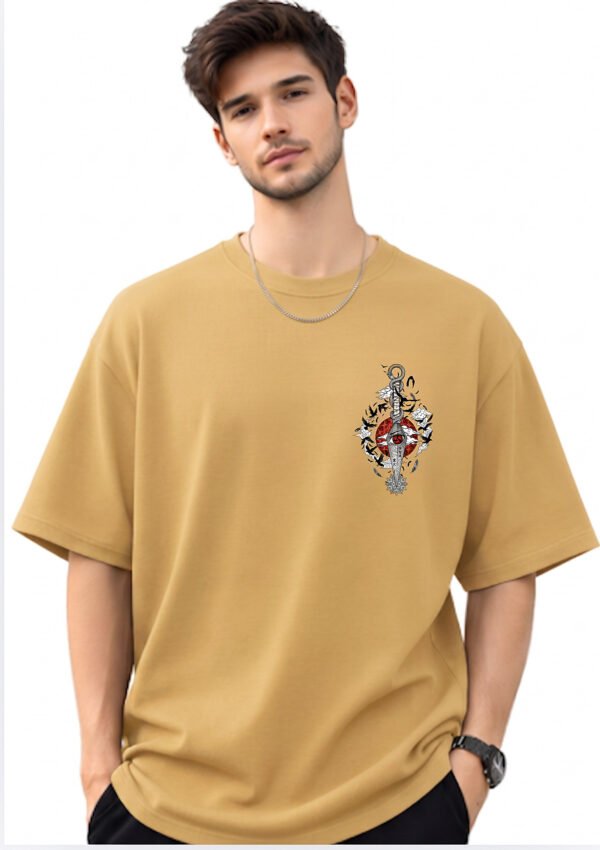 Mustard Sharingan kunai and crows anime oversized t-shirt, front view with small chest print