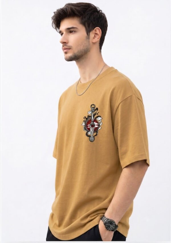 Mustard Sharingan kunai and crows anime oversized t-shirt, three-quarter view