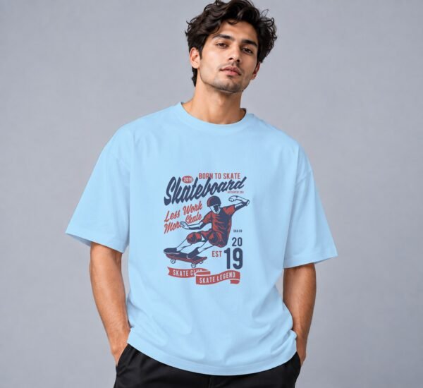 Born To Skate Skateboard Club 240 GSM Oversized Tee in baby blue, front view – Kool Kameez