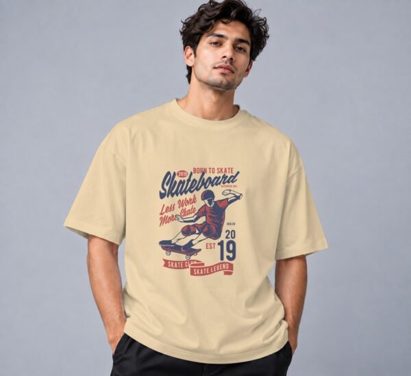 Born To Skate Skateboard Club Retro Round Neck T-Shirt in beige, front view – Kool Kameez