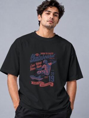 skateboard-club-tshirt-black-front Born To Skate Skateboard Club 240 GSM Oversized Tee in black, front view – Kool Kameez