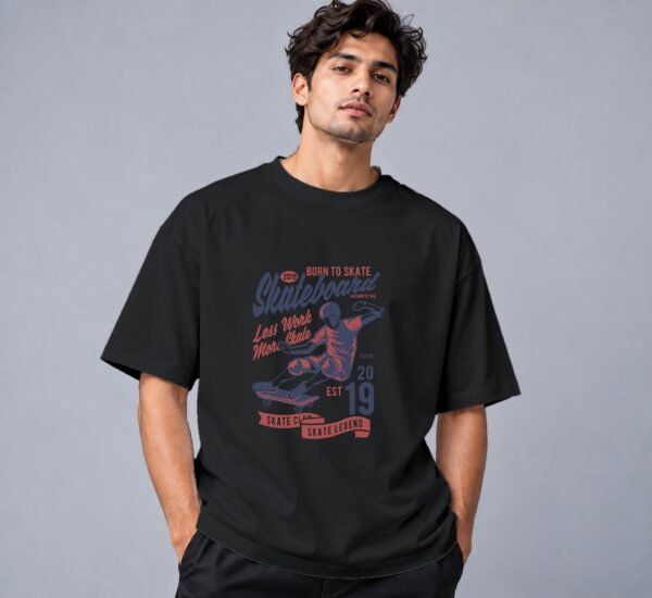 Born To Skate Skateboard Club 240 GSM Oversized Tee in black, front view – Kool Kameez