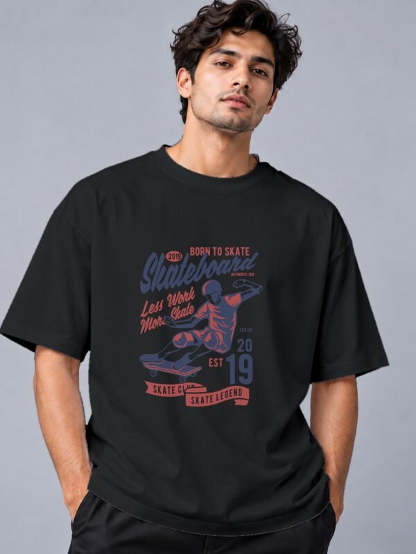 skateboard-club-tshirt-black-front Born To Skate Skateboard Club 240 GSM Oversized Tee in black, front view – Kool Kameez
