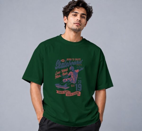 Born To Skate Skateboard Club 240 GSM Oversized Tee in bottle green, front view – Kool Kameez