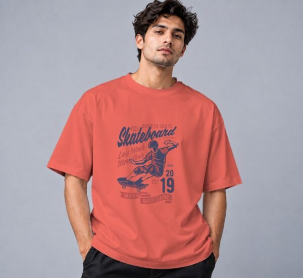 Born To Skate Skateboard Club 240 GSM Oversized Tee in coral, front view – Kool Kameez