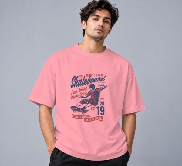 Born To Skate Skateboard Club Retro Round Neck T-Shirt in flamingo, front view – Kool Kameez