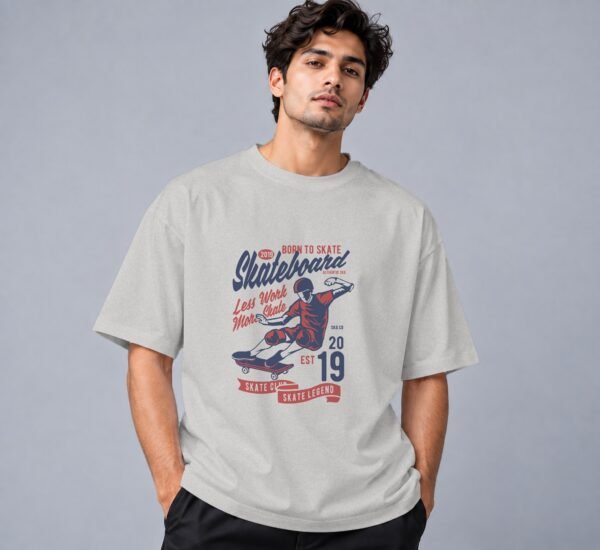 Born To Skate Skateboard Club 240 GSM Oversized Tee in grey melange, front view – Kool Kameez