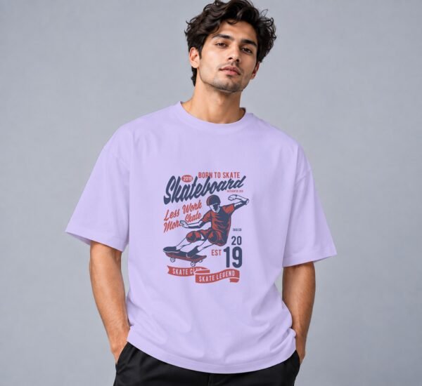 Born To Skate Skateboard Club 240 GSM Oversized Tee in lavender, front view – Kool Kameez