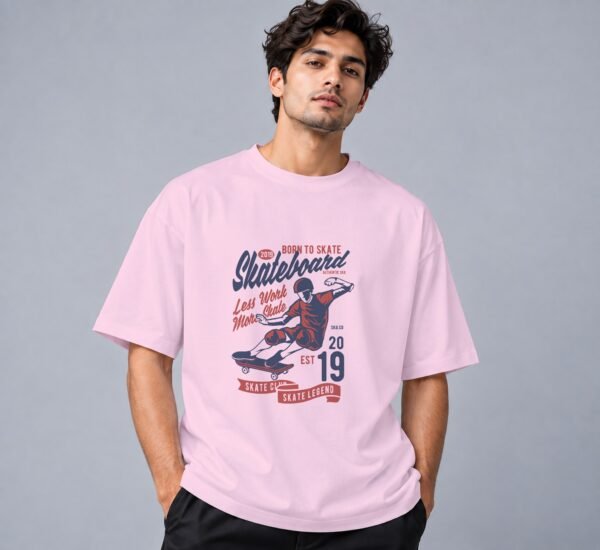 Born To Skate Skateboard Club 240 GSM Oversized Tee in light baby pink, front view – Kool Kameez