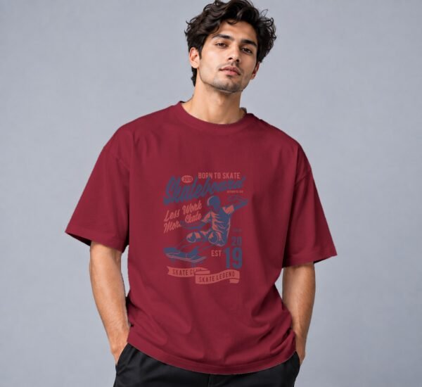 Born To Skate Skateboard Club 240 GSM Oversized Tee in maroon, front view – Kool Kameez