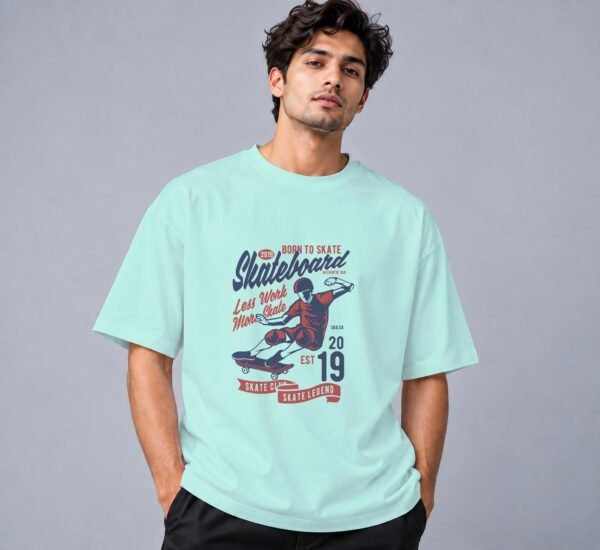 Born To Skate Skateboard Club 240 GSM Oversized Tee in mint, front view – Kool Kameez