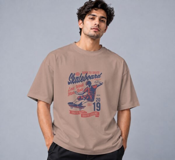 Born To Skate Skateboard Club Retro Round Neck T-Shirt in mushroom, front view – Kool Kameez