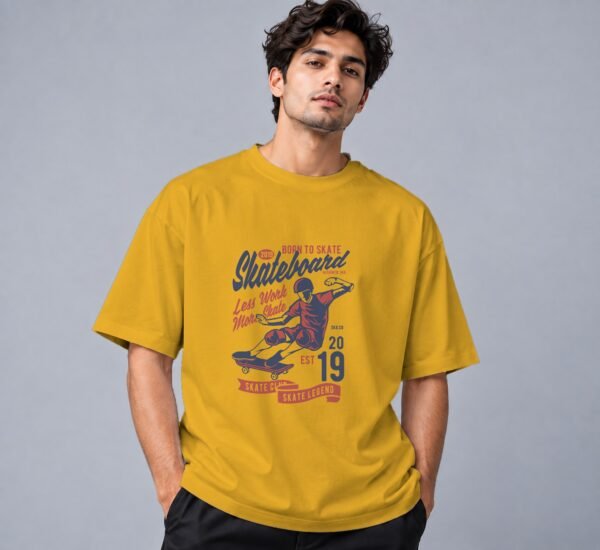 Born To Skate Skateboard Club 240 GSM Oversized Tee in mustard yellow, front view – Kool Kameez