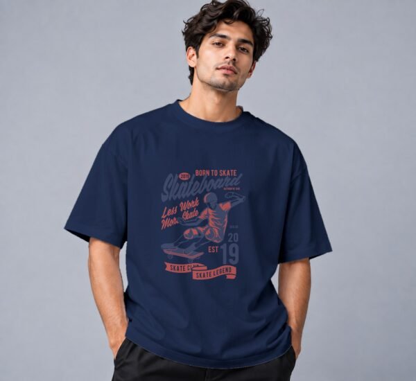 Born To Skate Skateboard Club 240 GSM Oversized Tee in navy blue, front view – Kool Kameez