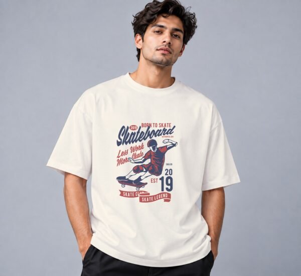 Born To Skate Skateboard Club 240 GSM Oversized Tee in off white, front view – Kool Kameez