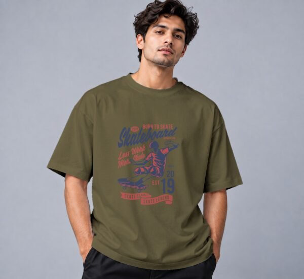 Born To Skate Skateboard Club 240 GSM Oversized Tee in olive green, front view – Kool Kameez