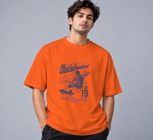 Born To Skate Skateboard Club Retro Round Neck T-Shirt in orange, front view – Kool Kameez