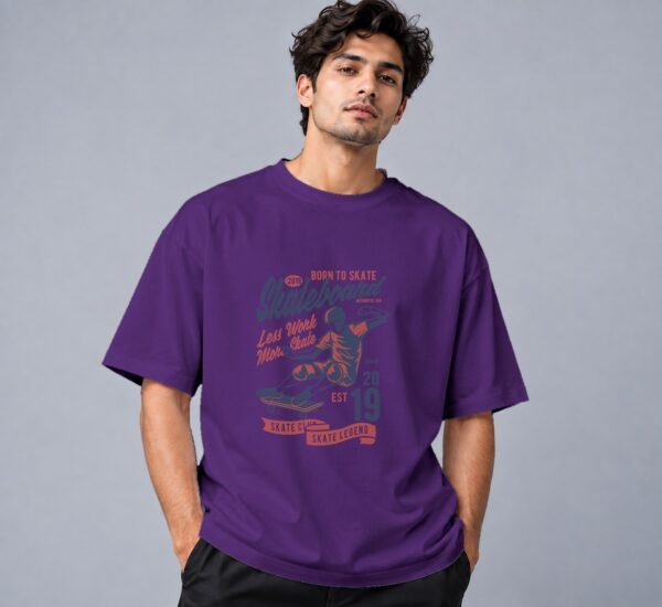 Born To Skate Skateboard Club 240 GSM Oversized Tee in purple, front view – Kool Kameez
