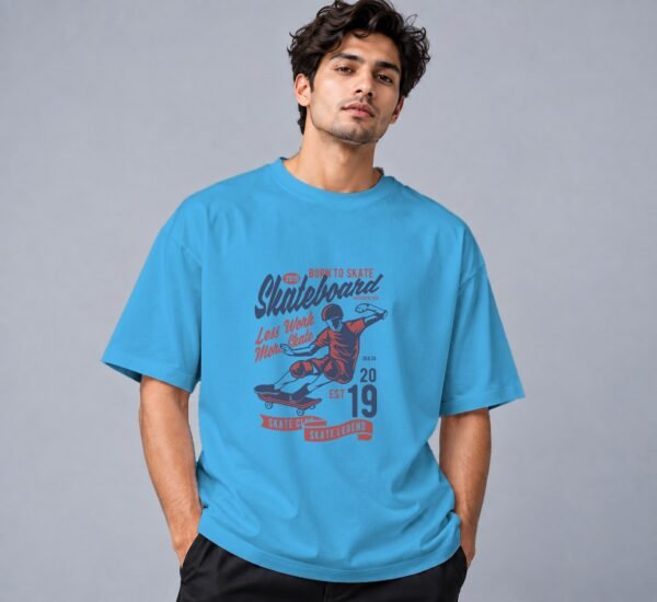 Born To Skate Skateboard Club Retro Round Neck T-Shirt in skyblue, front view – Kool Kameez