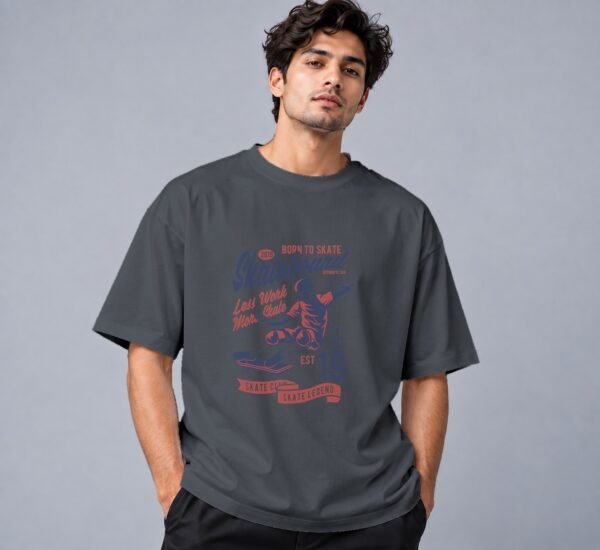 Born To Skate Skateboard Club Retro Round Neck T-Shirt in steel grey, front view – Kool Kameez