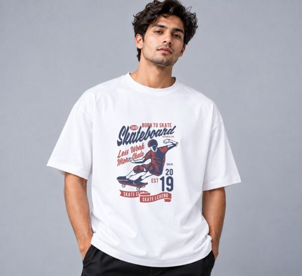 Born To Skate Skateboard Club 240 GSM Oversized Tee in white, front view – Kool Kameez