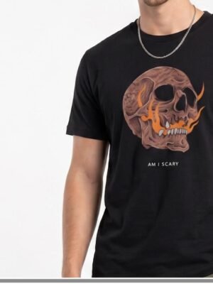 Skull Flame Round Neck T-Shirt - Black