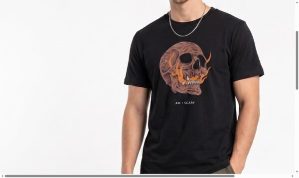 Skull Flame Round Neck T-Shirt - Black