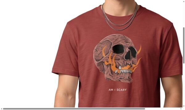 Skull Flame Round Neck T-Shirt - Maroon