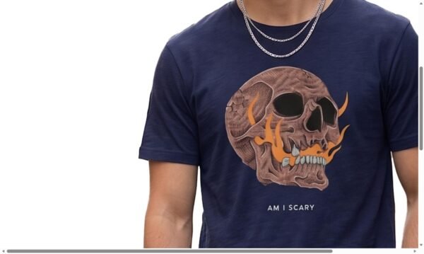 Skull Flame Round Neck T-Shirt - Navy Blue