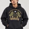 Speedway racing hoodie in Black — worn by a model, front view