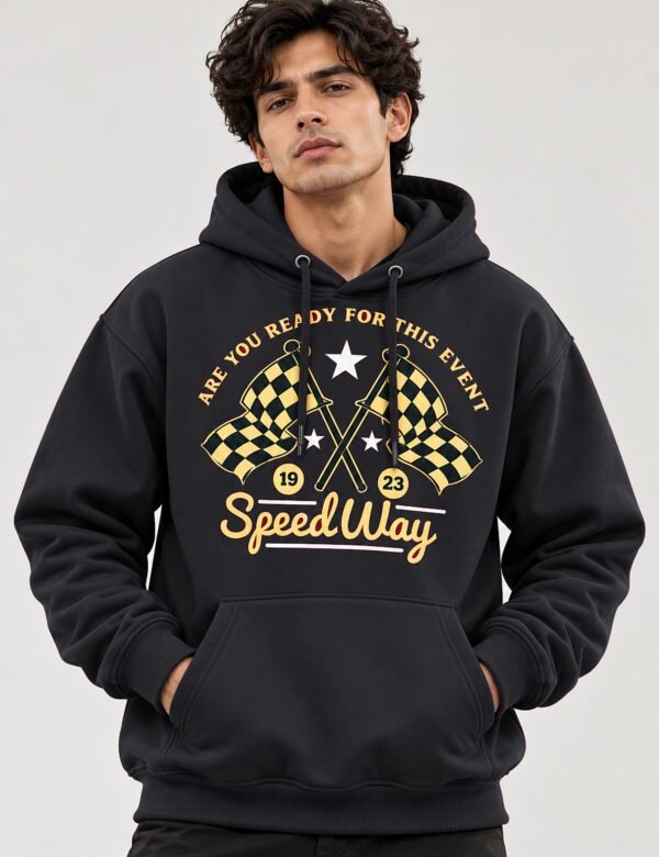 Speedway racing hoodie in Black — worn by a model, front view