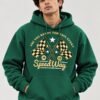 Speedway racing hoodie in Bottle Green — worn by a model, front view