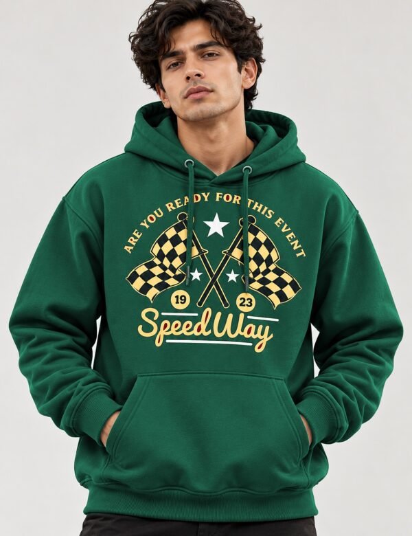 Speedway racing hoodie in Bottle Green — worn by a model, front view