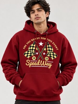 Speedway Hoodie — Maroon — worn by a model, front view Speedway racing hoodie in Maroon — worn by a model, front view