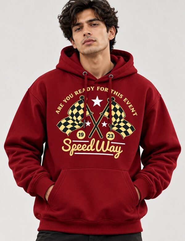 Hoodies — model wearing the Speedway hoodie in maroon