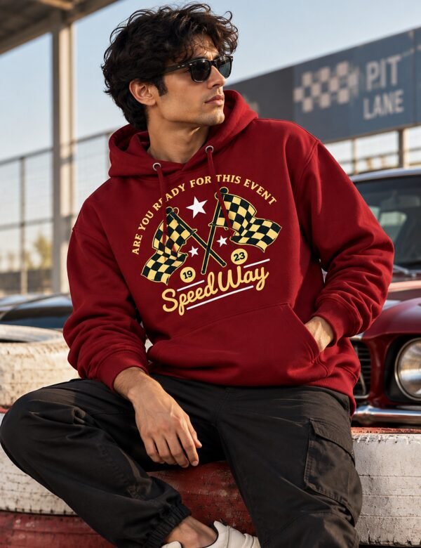 Model wearing the Speedway racing hoodie in maroon at a racetrack pit lane