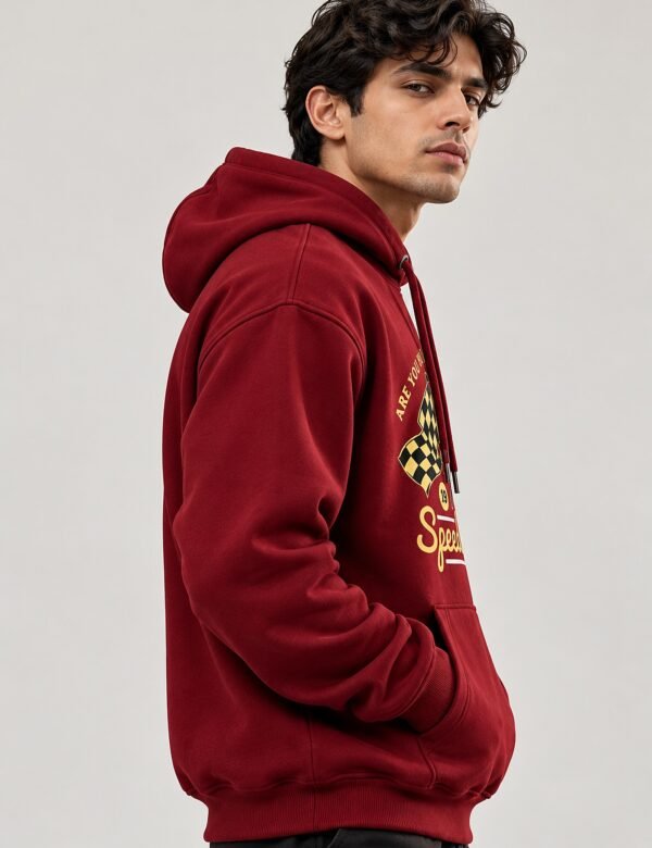 Speedway racing hoodie in Maroon — left side view