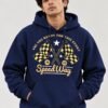 Speedway racing hoodie in Navy Blue — worn by a model, front view