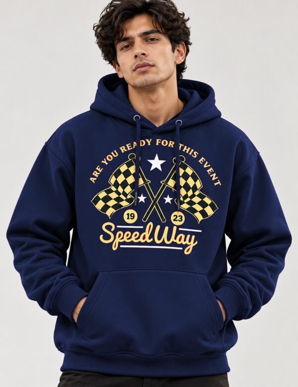 Speedway racing hoodie in Navy Blue — worn by a model, front view